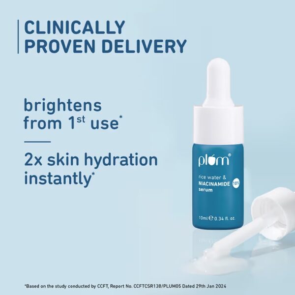 Plum 10% Niacinamide Brightening Face Serum With Rice Water & Ferment - Fades Blemishes & Acne Marks (10ml) - Image 2