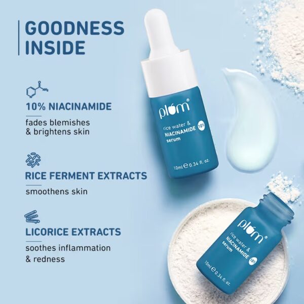 Plum 10% Niacinamide Brightening Face Serum With Rice Water & Ferment - Fades Blemishes & Acne Marks (10ml) - Image 3