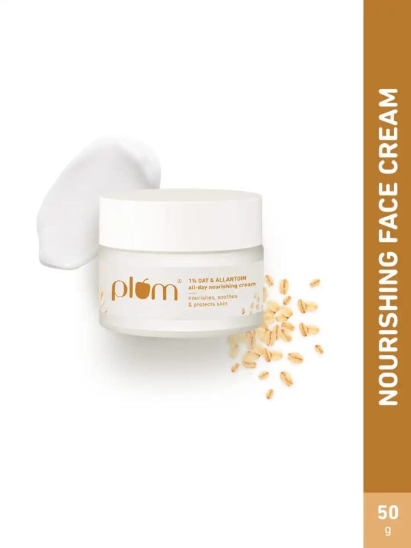 Plum 1% Oat & Allantoin All-day Nourishing Cream | with Vitamin E & B5 | Nourishes Skin | Soothes Inflamed Skin | Strengthens Skin Barrier | Moisturizing | 100% Vegan | 50 gm
