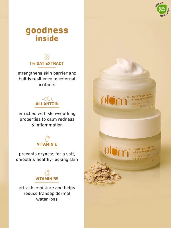 Plum 1% Oat & Allantoin All-day Nourishing Cream | with Vitamin E & B5 | Nourishes Skin | Soothes Inflamed Skin | Strengthens Skin Barrier | Moisturizing | 100% Vegan | 50 gm - Image 3