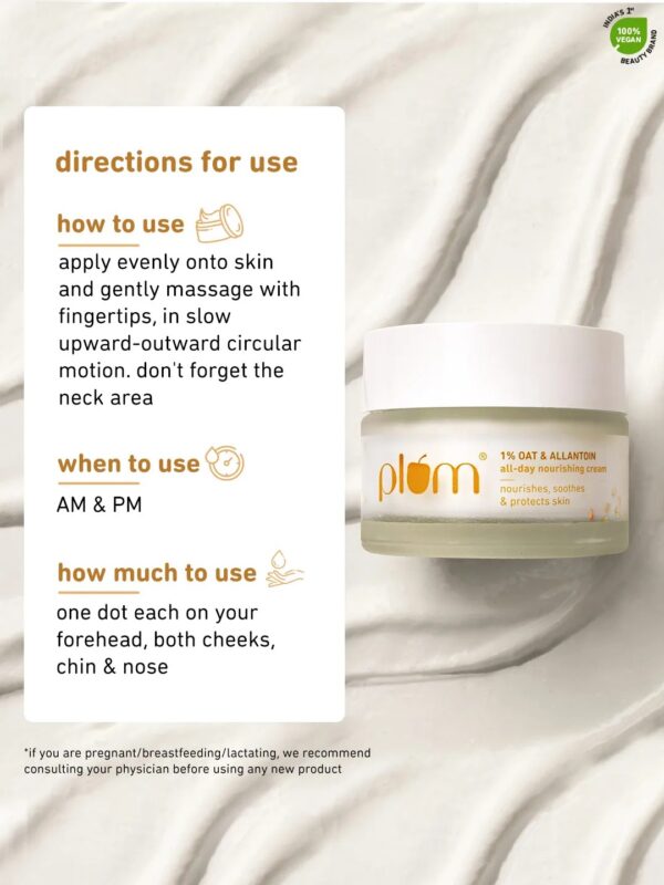 Plum 1% Oat & Allantoin All-day Nourishing Cream | with Vitamin E & B5 | Nourishes Skin | Soothes Inflamed Skin | Strengthens Skin Barrier | Moisturizing | 100% Vegan | 50 gm - Image 5