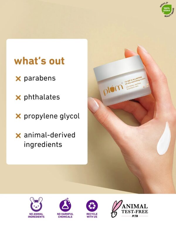 Plum 1% Oat & Allantoin All-day Nourishing Cream | with Vitamin E & B5 | Nourishes Skin | Soothes Inflamed Skin | Strengthens Skin Barrier | Moisturizing | 100% Vegan | 50 gm - Image 6