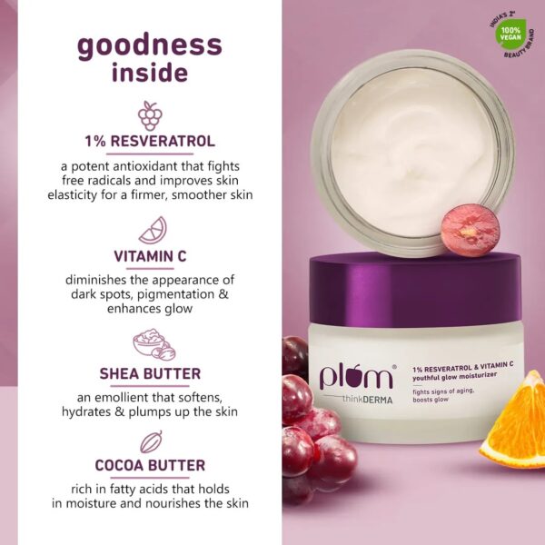 Plum thinkDERMA 1% Resveratrol & Vitamin C Youthful Glow Moisturizer |A Fights Signs of Ageing|A Boosts GlowA | 100% Vegan | 50 gm - Image 3