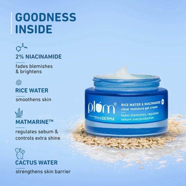 Plum thinkDERMA 2% Niacinamide & Rice Water Clear Moisture Gel Cream |A Fades Blemishes & 100% VeganA | 50 gm - Image 5