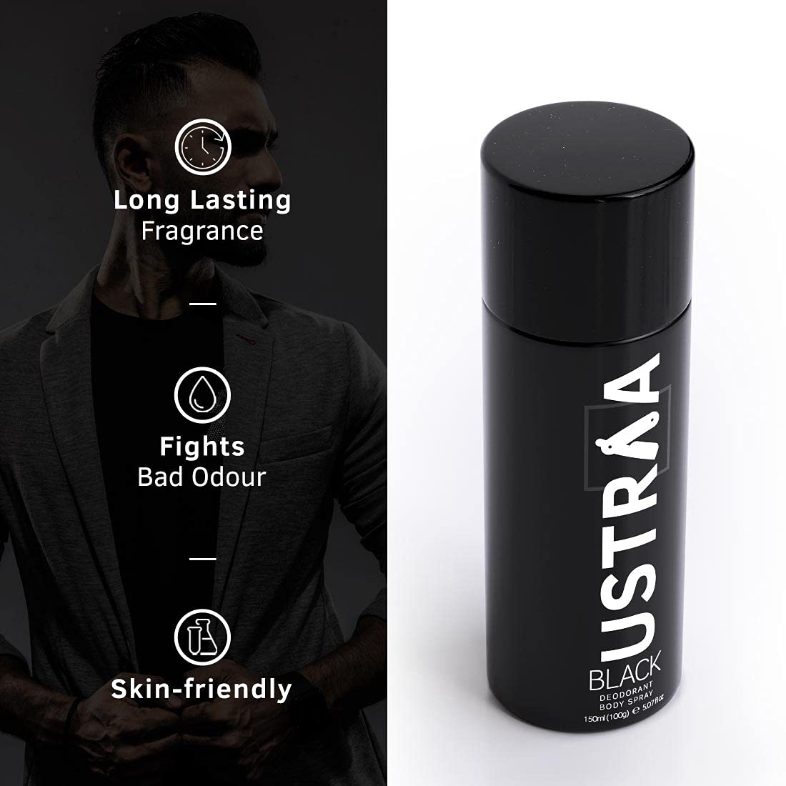 USTRAA BLACK Deodorant Body Spray For Men - 150 ML - Image 2